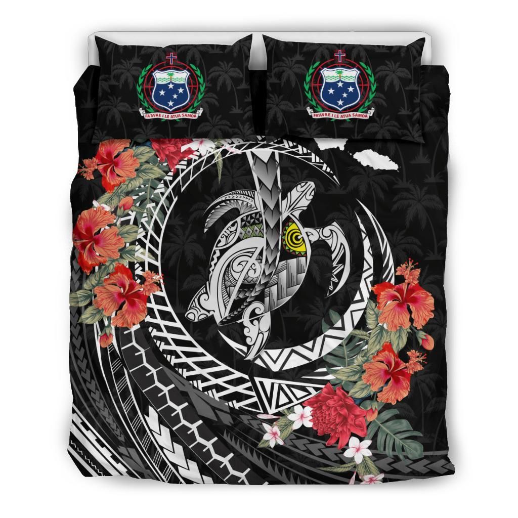Polynesian Duvet Cover Set - Samoa Bedding Set Polynesia Map Turtle Hibiscus