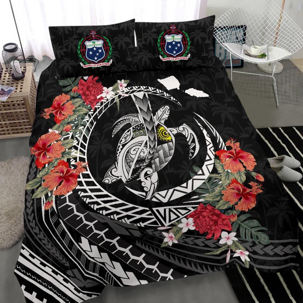 Polynesian Duvet Cover Set - Samoa Bedding Set Polynesia Map Turtle Hibiscus