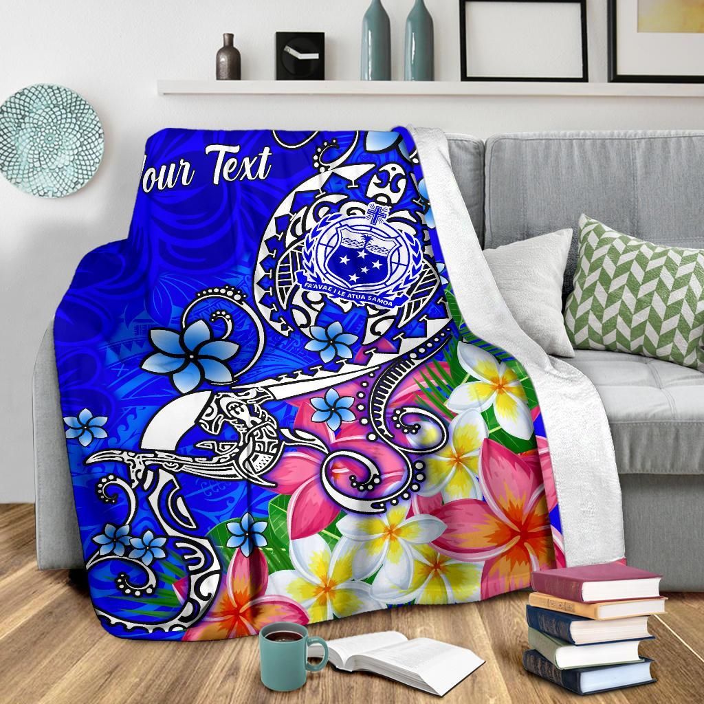 Samoa Custom Personalised Premium Blanket - Turtle Plumeria (Blue)