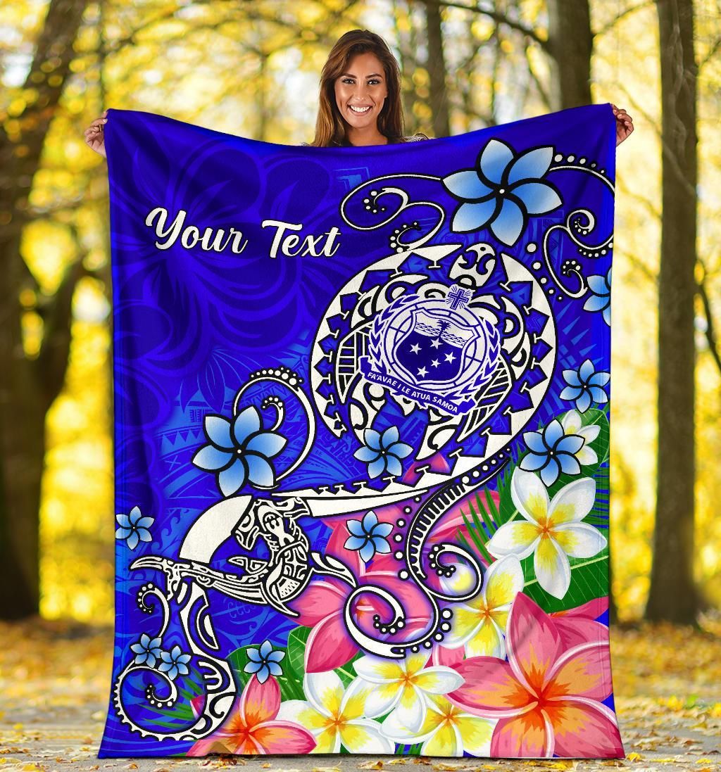 Samoa Custom Personalised Premium Blanket - Turtle Plumeria (Blue)