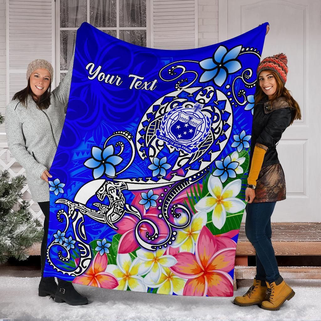 Samoa Custom Personalised Premium Blanket - Turtle Plumeria (Blue)