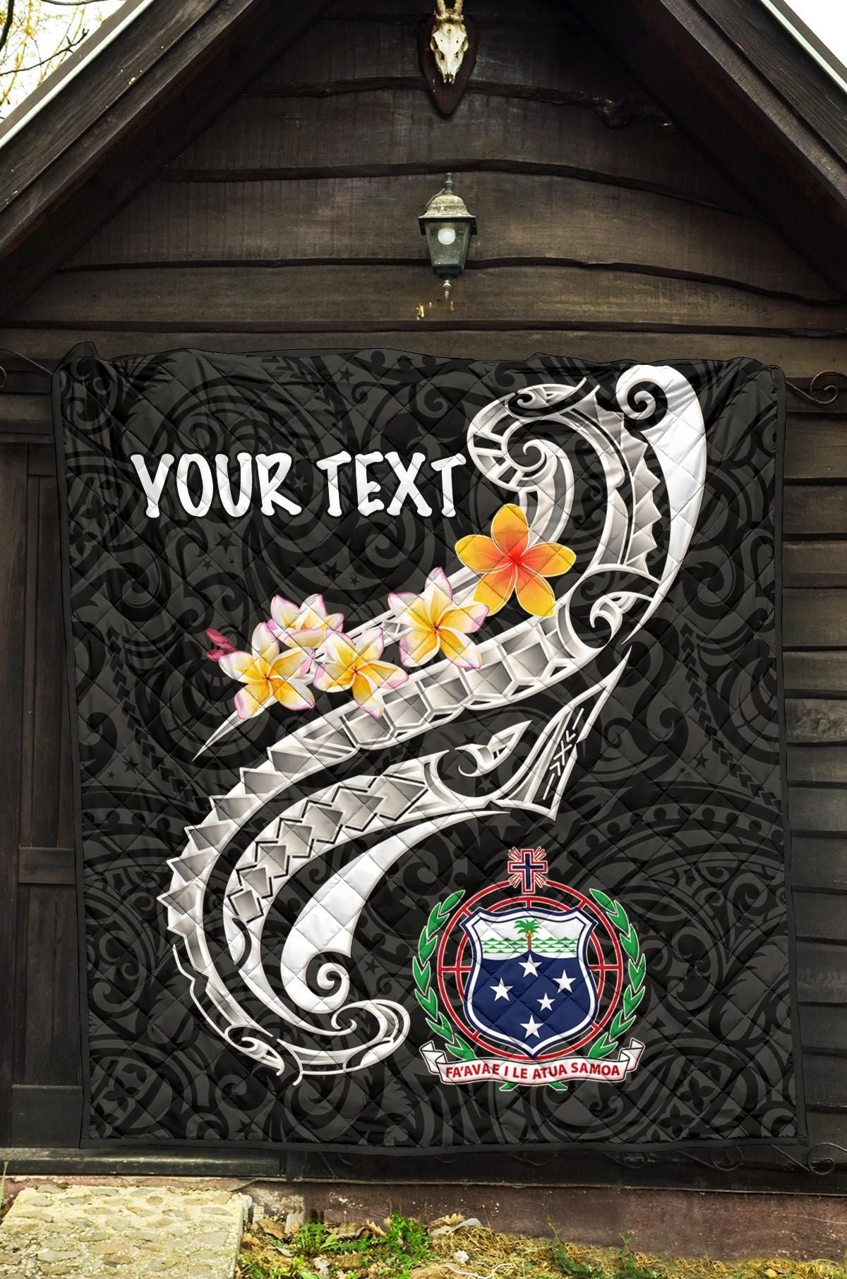 Samoa Custom Personalised Premium Quilt - Samoa Seal  Polynesian Patterns Plumeria (Black)