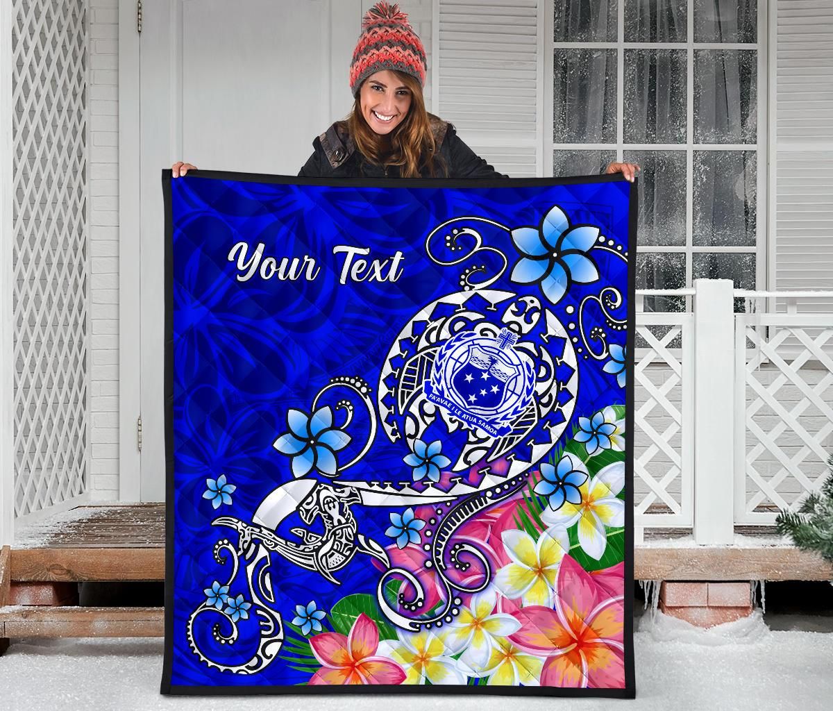 Samoa Custom Personalised Premium Quilt - Turtle Plumeria (Blue)