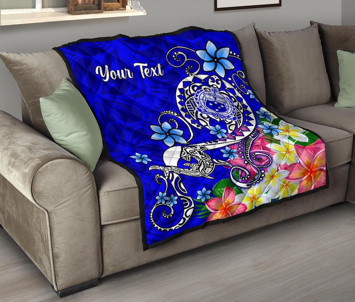 Samoa Custom Personalised Premium Quilt - Turtle Plumeria (Blue)