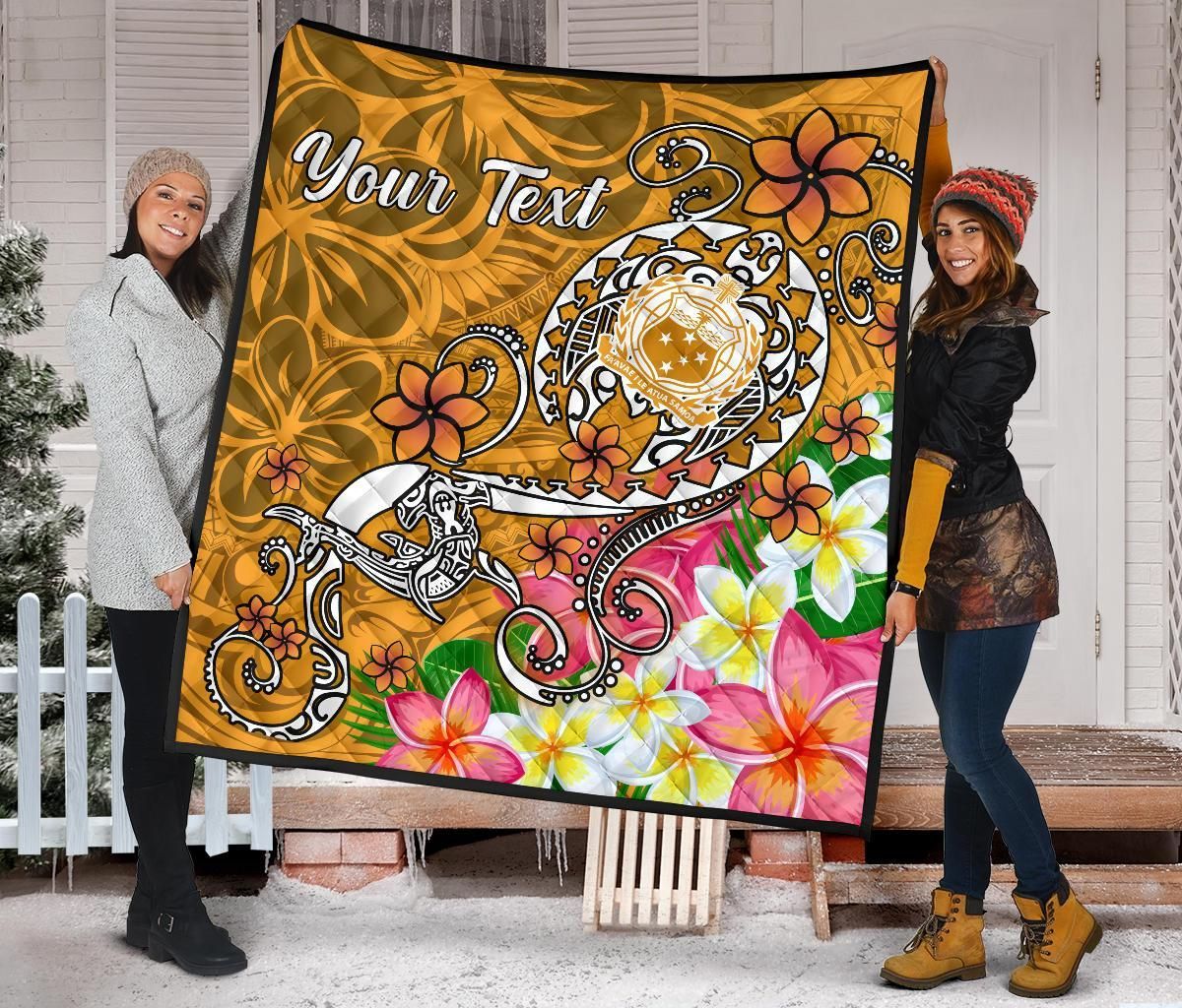 Samoa Custom Personalised Premium Quilt - Turtle Plumeria (Gold)
