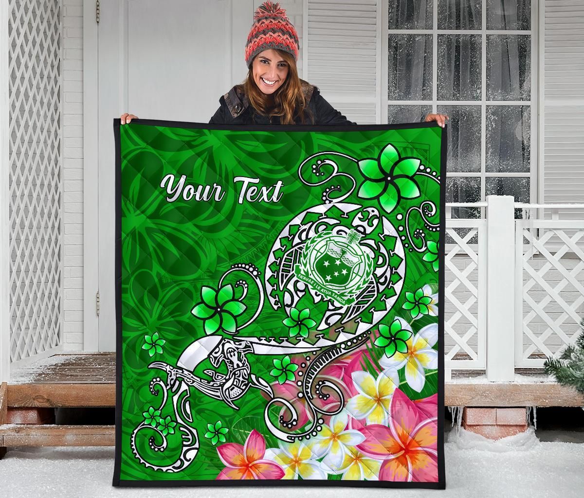 Samoa Custom Personalised Premium Quilt - Turtle Plumeria (Green)