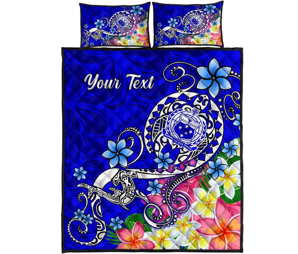 Samoa Custom Personalised Quilt Bed Set - Turtle Plumeria (Blue)