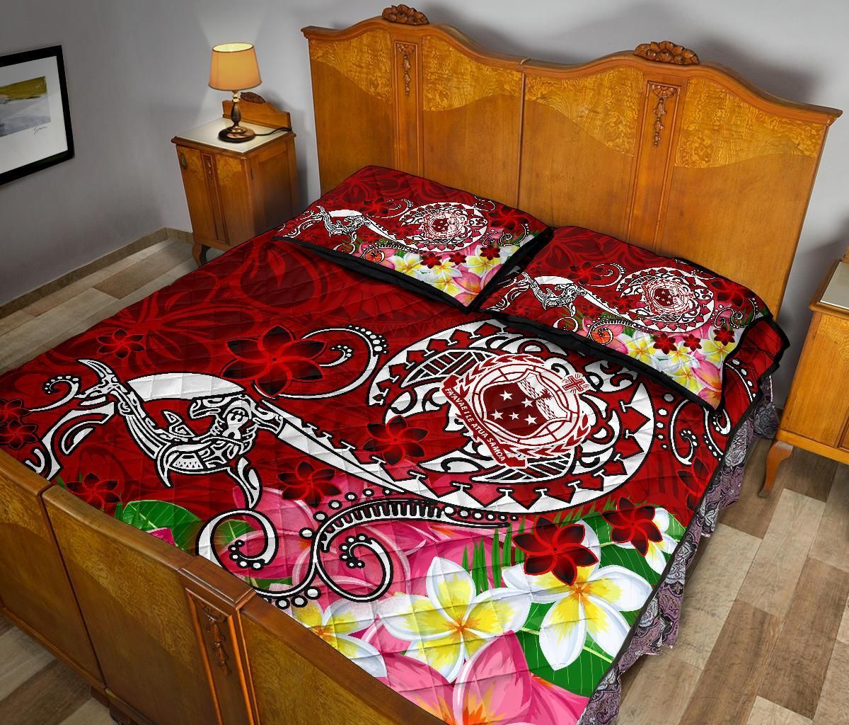 Samoa Custom Personalised Quilt Bed Set - Turtle Plumeria (Red)