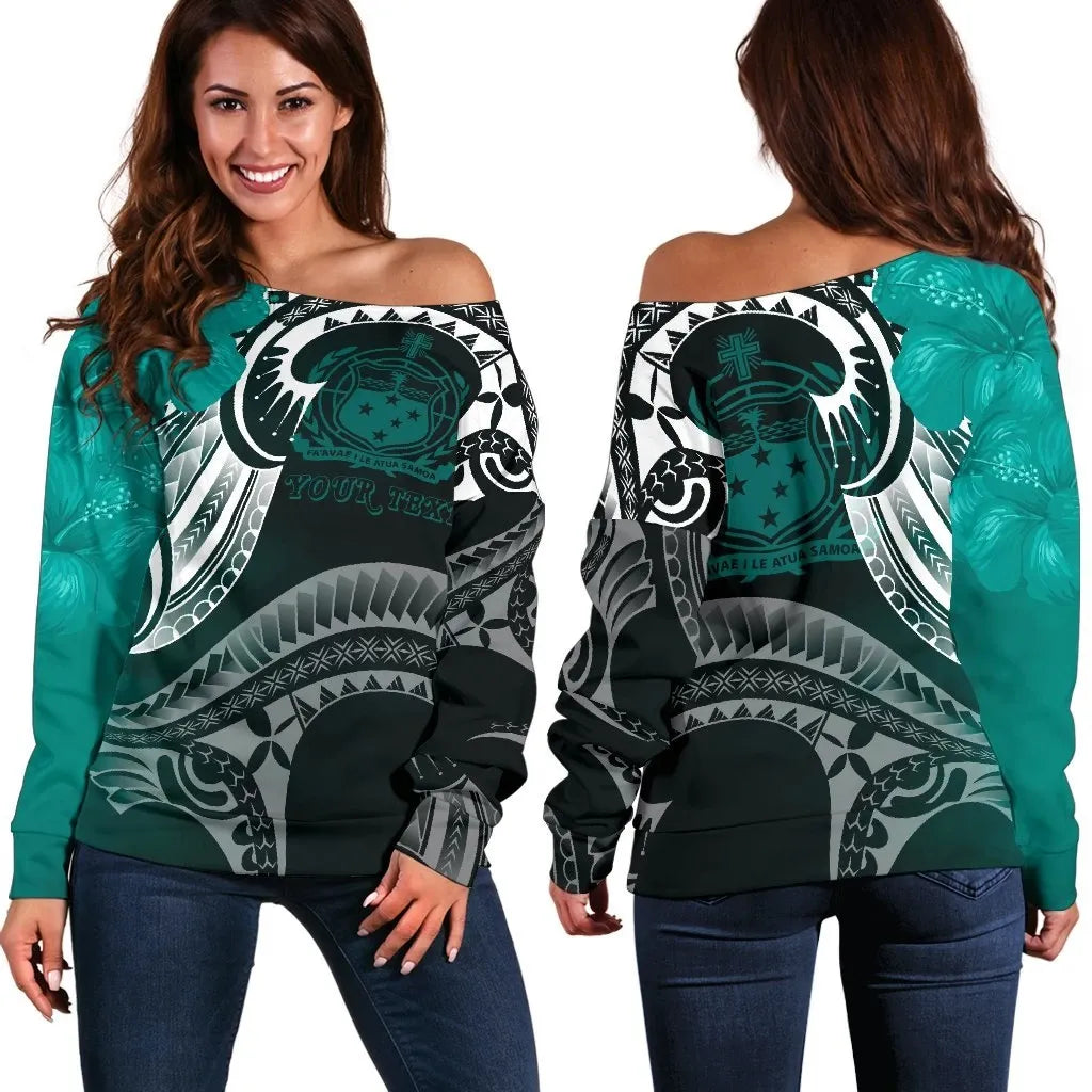 Samoa Custom Personalised Women Off Shoulder Sweater - Samoa Seal Wave Style (Green)