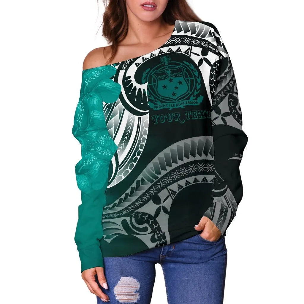 Samoa Custom Personalised Women Off Shoulder Sweater - Samoa Seal Wave Style (Green)