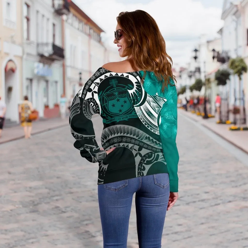 Samoa Custom Personalised Women Off Shoulder Sweater - Samoa Seal Wave Style (Green)