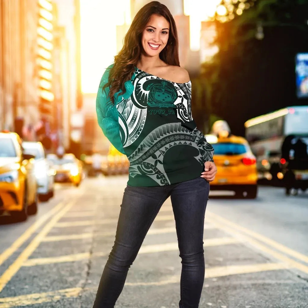 Samoa Custom Personalised Women Off Shoulder Sweater - Samoa Seal Wave Style (Green)