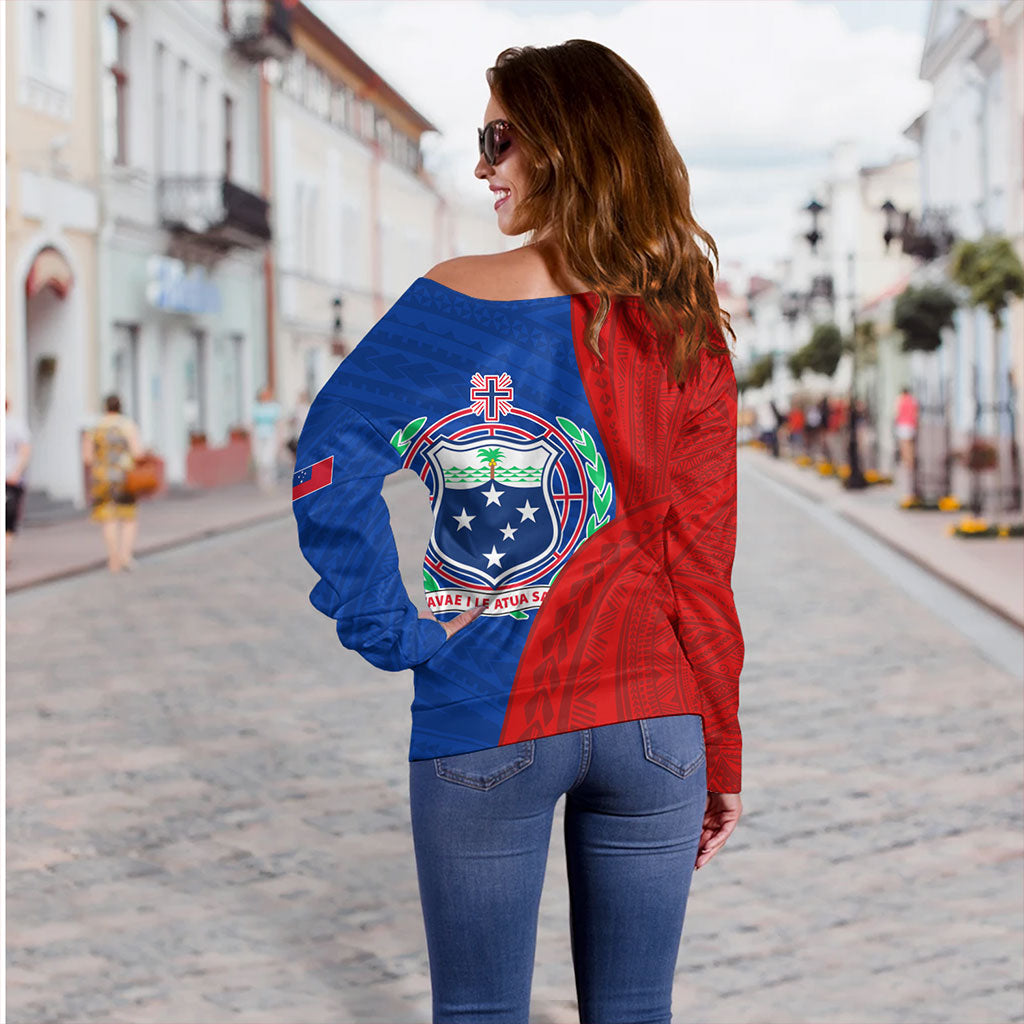 Samoa Off Shoulder Sweatshirt Custom Polynesian Pattern With Coat Of Arms