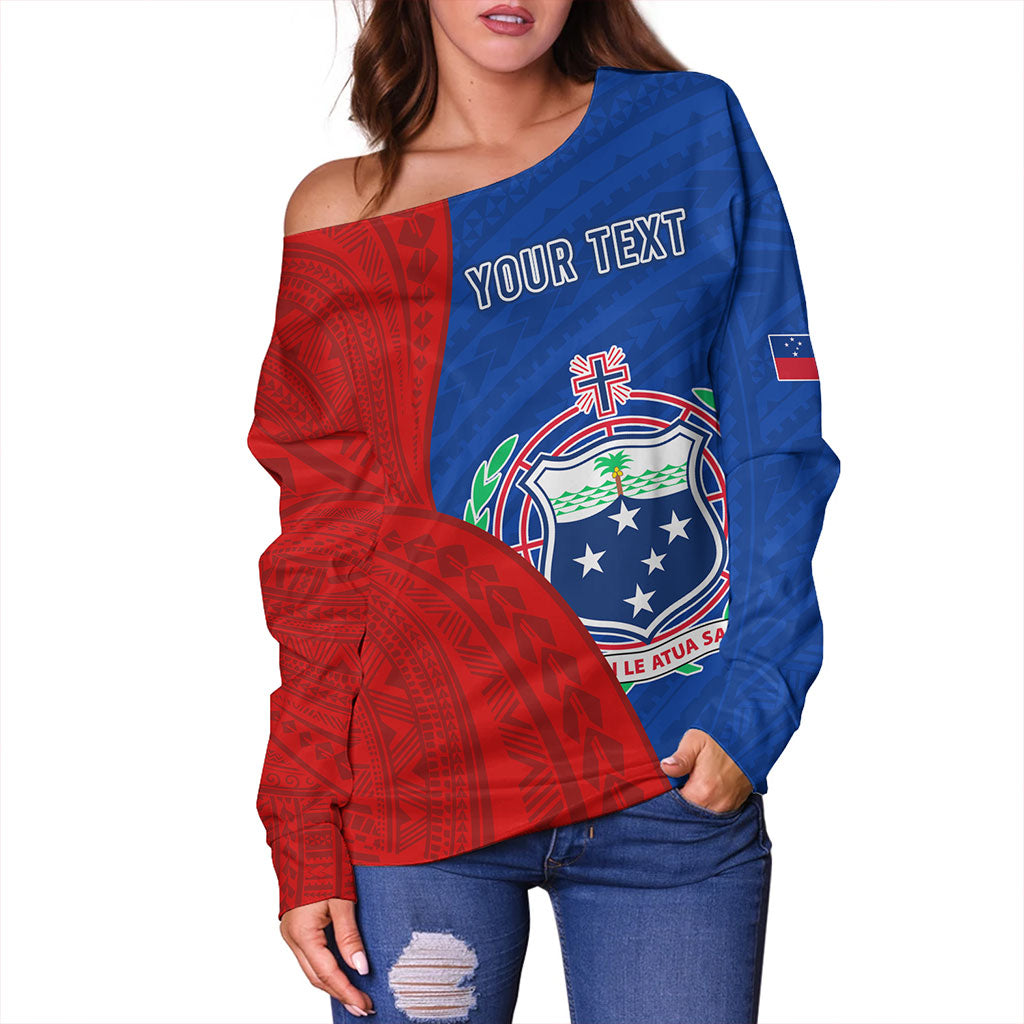 Samoa Off Shoulder Sweatshirt Custom Polynesian Pattern With Coat Of Arms