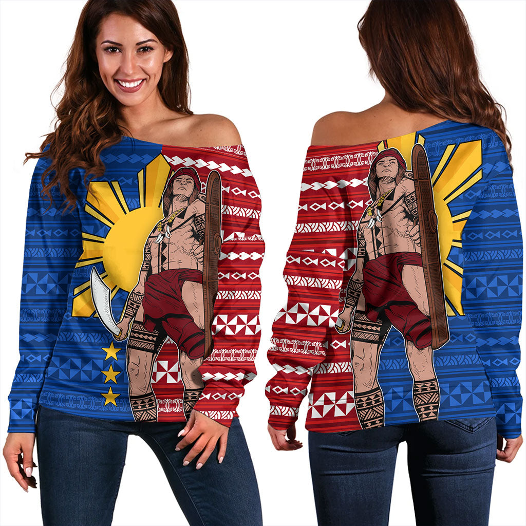 Philippines Filipinos Off Shoulder Sweatshirt Polynesian Pattern With Lapu-Lapu Hero