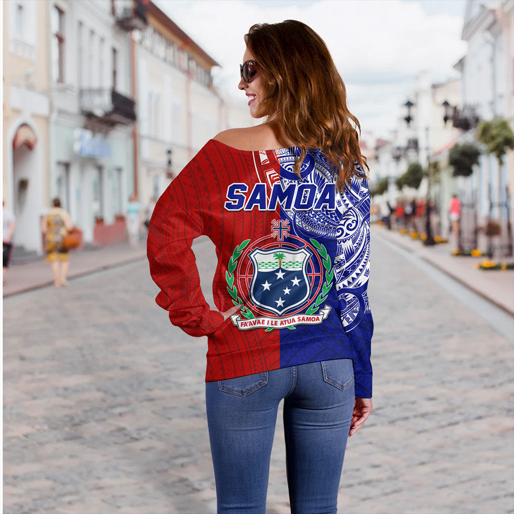 Samoa Off Shoulder Sweatshirt CustomHalf Style Flag And Coat Of Arms