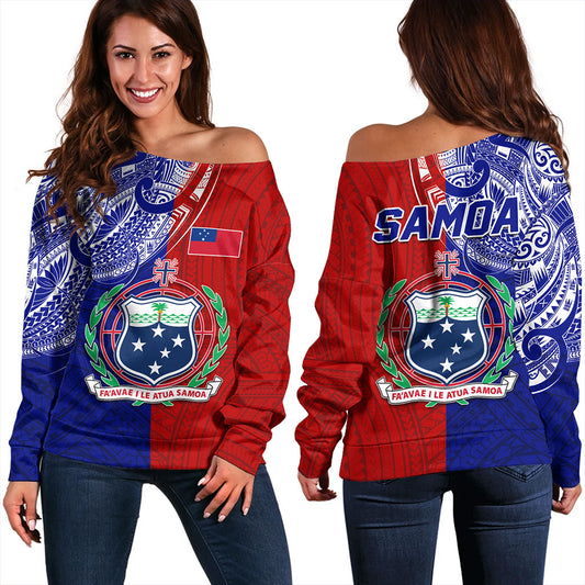 Samoa Off Shoulder Sweatshirt CustomHalf Style Flag And Coat Of Arms