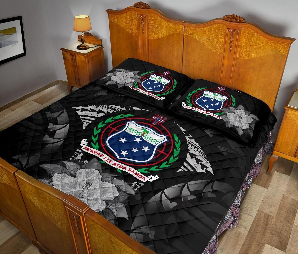 Samoa Polynesian Quilt Bed Set Hibiscus Gray