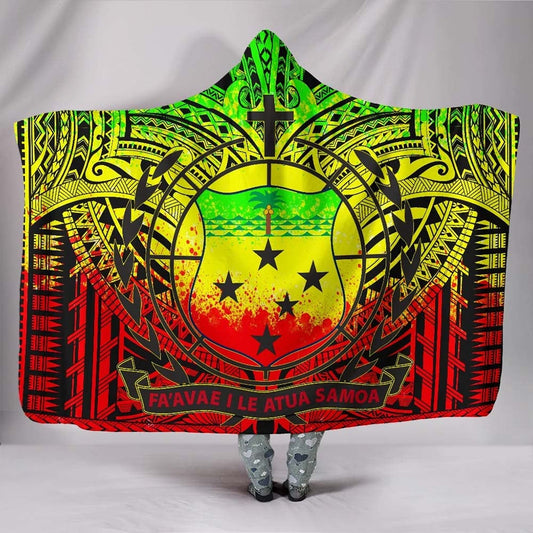 Samoa Hooded Blanket - Coat Of Arm Polynesian Patterns (Reggae)