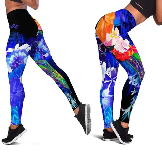 Samoa Legging - Humpback Whale with Tropical Flowers (Blue)
