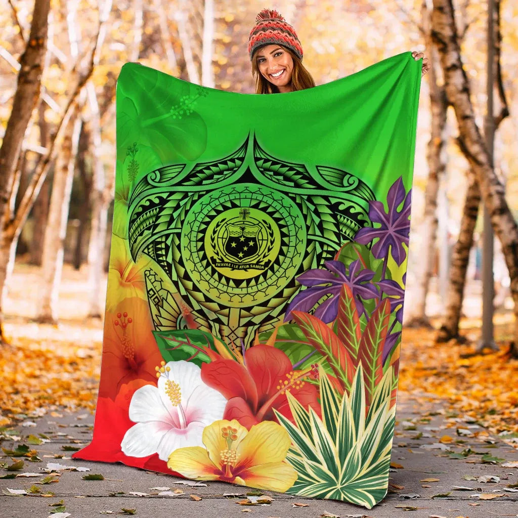 Samoa Premium Blanket - Manta Ray Tropical Flowers (Green)