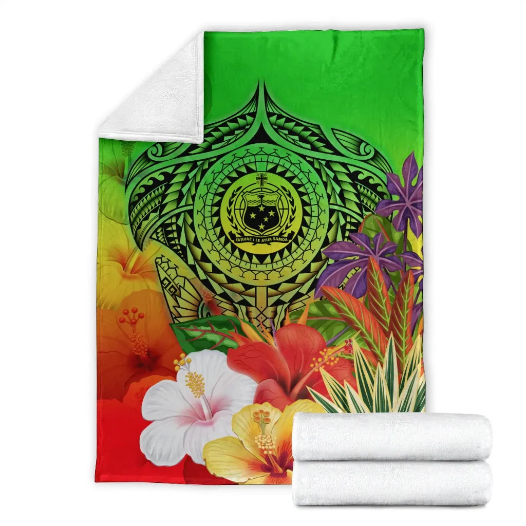 Samoa Premium Blanket - Manta Ray Tropical Flowers (Green)
