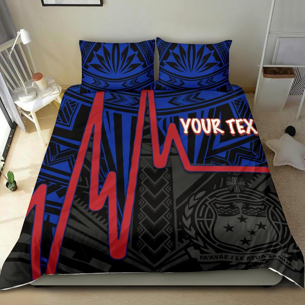 Samoa Personalised Bedding Set - Samoa Seal With Polynesian Patterns In Heartbeat Style (Blue)
