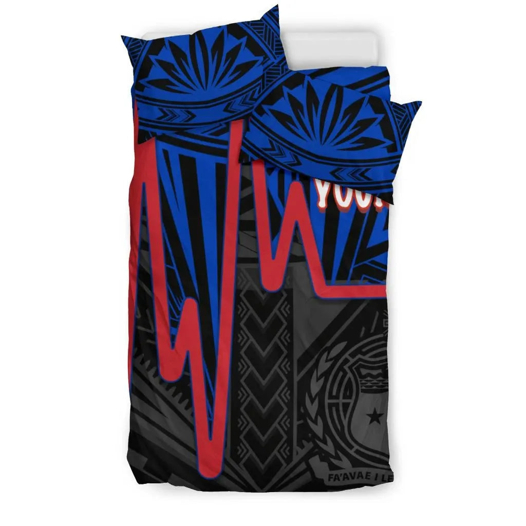 Samoa Personalised Bedding Set - Samoa Seal With Polynesian Patterns In Heartbeat Style (Blue)