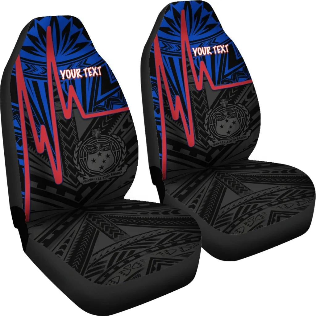Samoa Personalised Car Seat Covers - Samoa Seal With Polynesian Patterns In Heartbeat Style (Blue)
