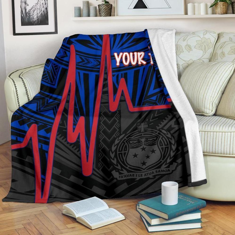 Samoa Personalised Premium Blanket - Samoa Seal With Polynesian Patterns In Heartbeat Style (Blue)