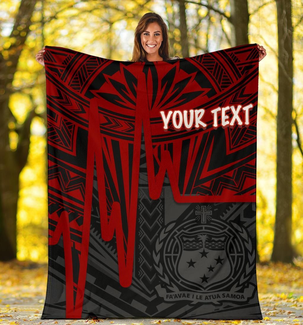 Samoa Personalised Premium Blanket - Samoa Seal With Polynesian Pattern In Heartbeat Style (Red)