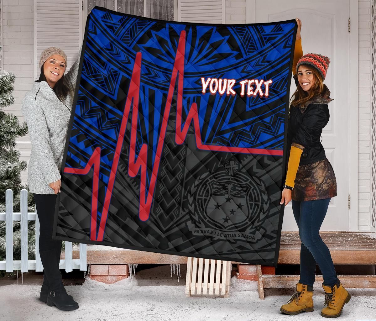 Samoa Personalised Premium Quilt - Samoa Seal With Polynesian Patterns In Heartbeat Style (Blue)