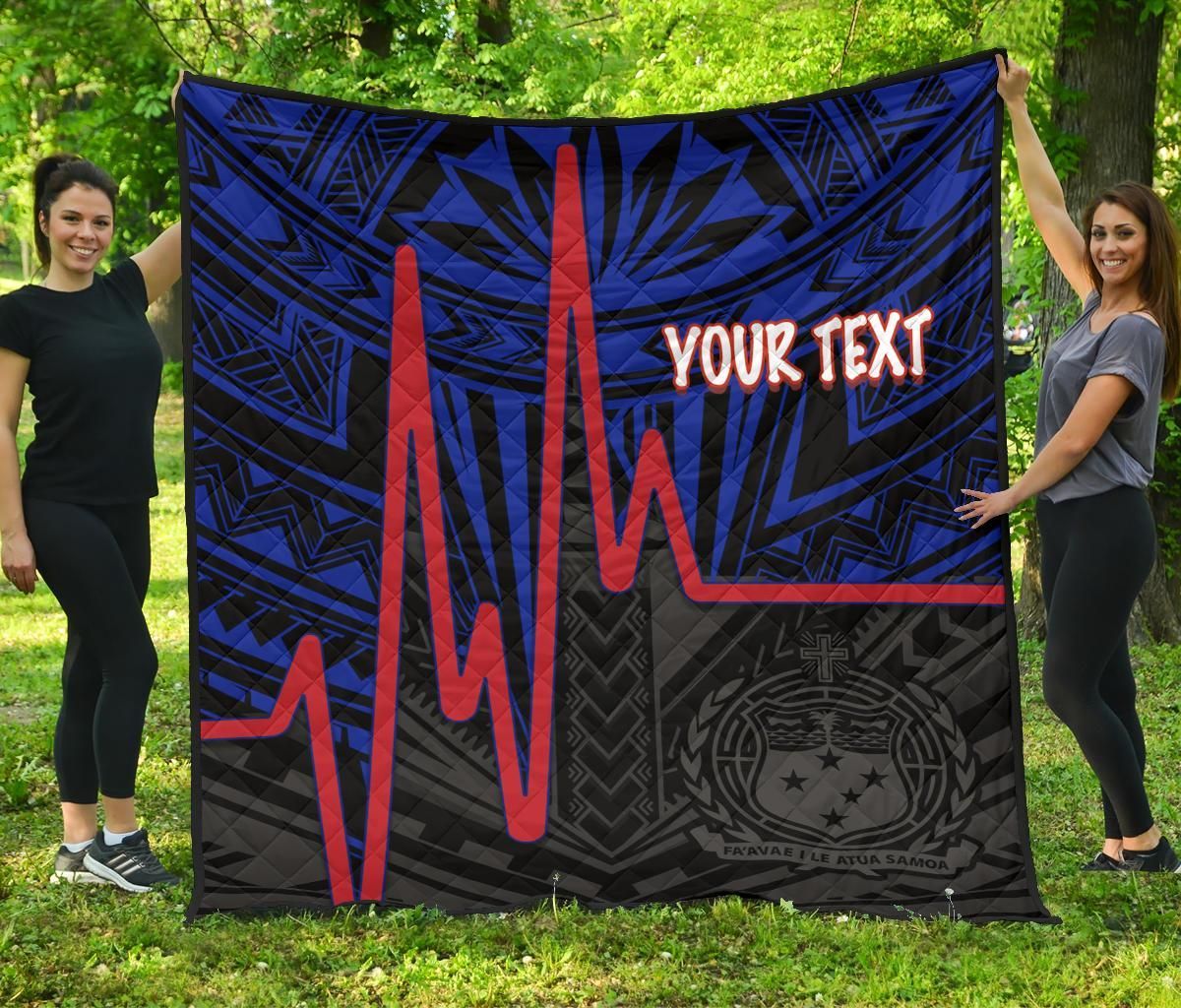 Samoa Personalised Premium Quilt - Samoa Seal With Polynesian Patterns In Heartbeat Style (Blue)