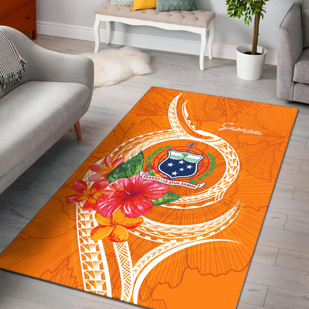 Samoa Polynesian Area Rug - Orange Floral With Seal