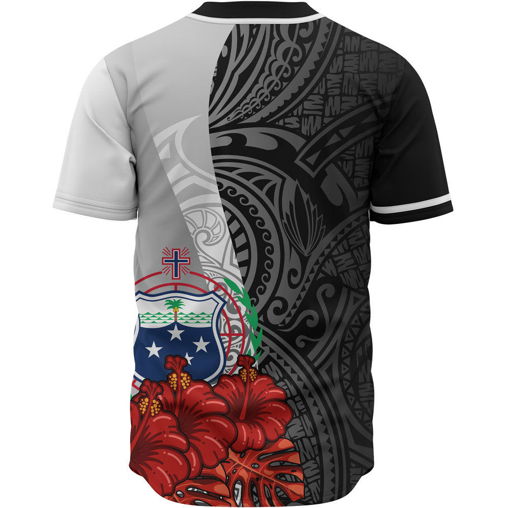 Samoa Polynesian Baseball Shirt - Coat Of Arm With Hibiscus White