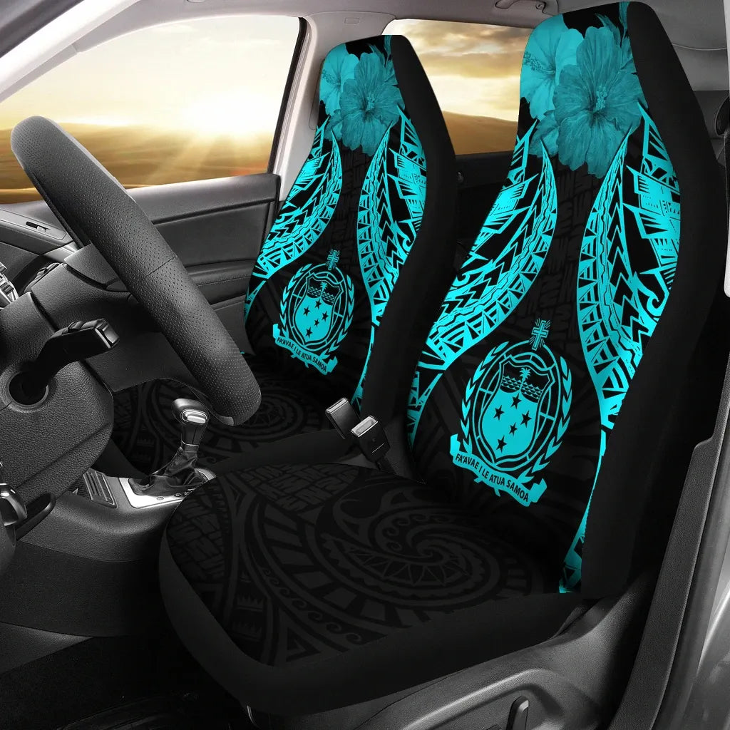 Samoa Polynesian Car Seat Covers Pride Seal And Hibiscus Neon Blue