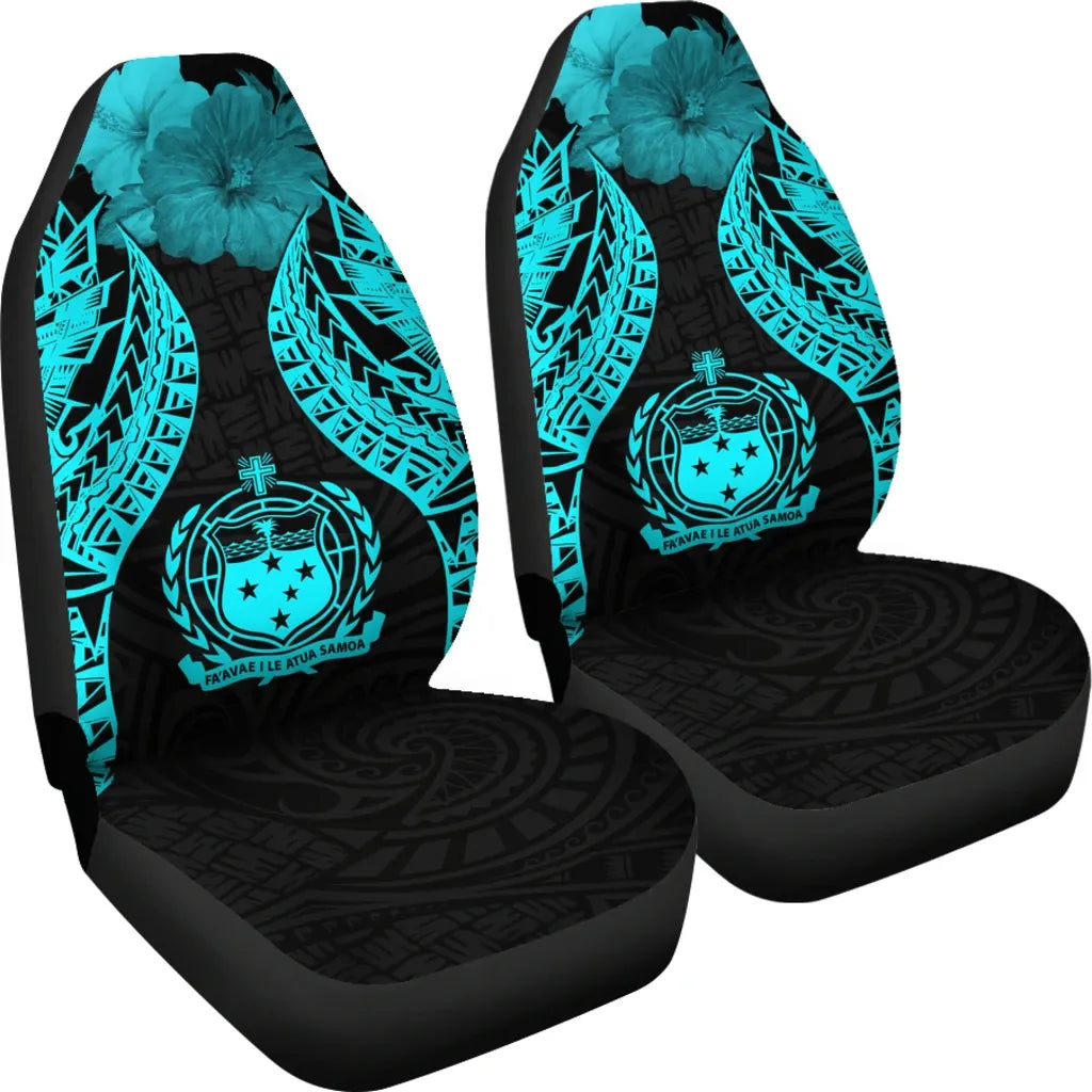 Samoa Polynesian Car Seat Covers Pride Seal And Hibiscus Neon Blue
