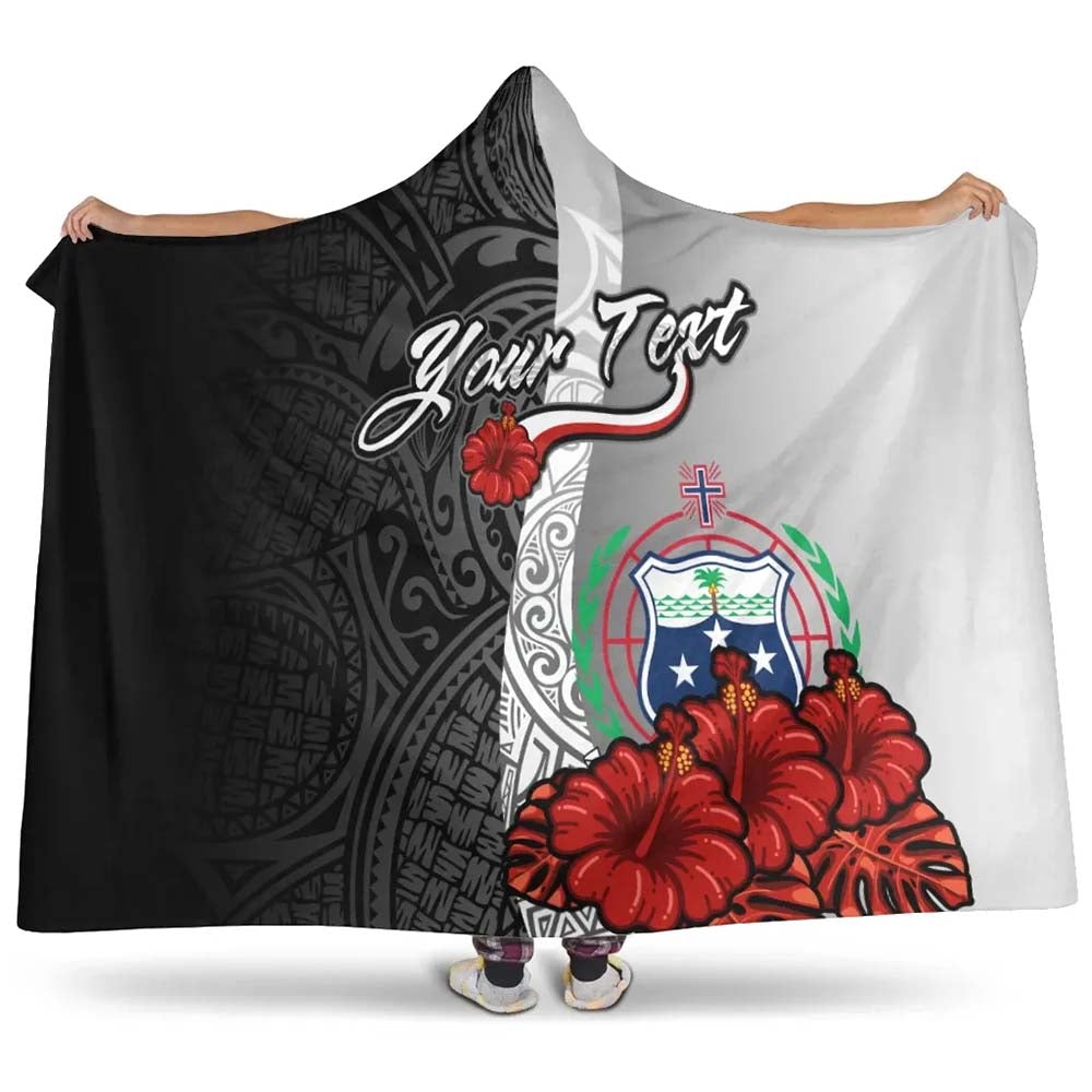 Samoa Polynesian Custom Personalised Hooded Blanket- Coat Of Arm With Hibiscus White