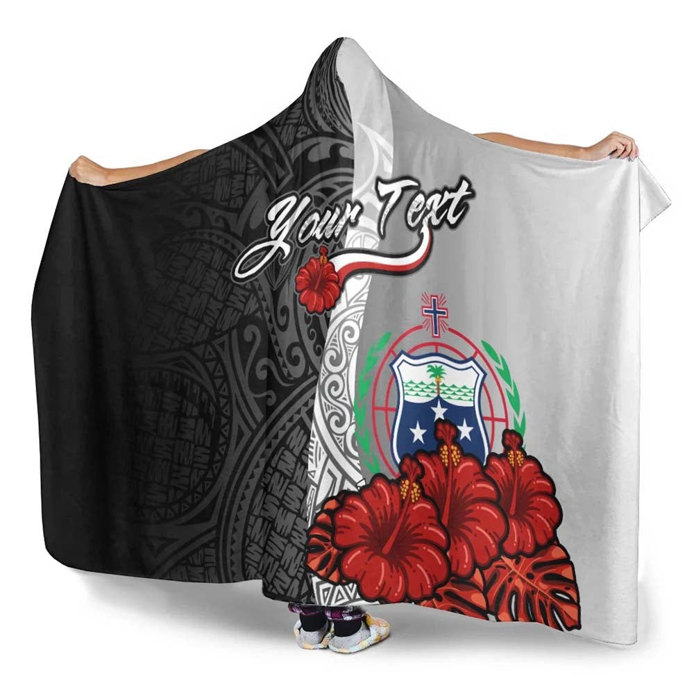 Samoa Polynesian Custom Personalised Hooded Blanket- Coat Of Arm With Hibiscus White