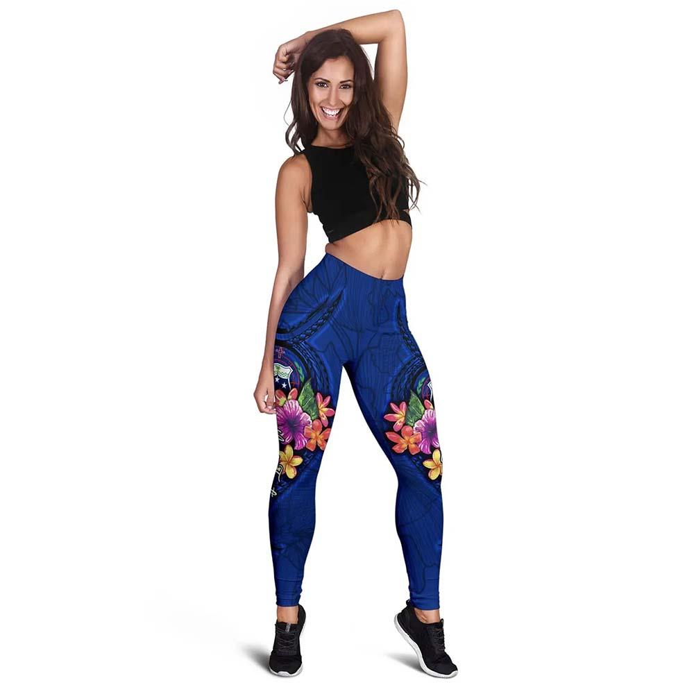 Samoa Polynesian Custom Personalised Legging - Floral With Seal Blue