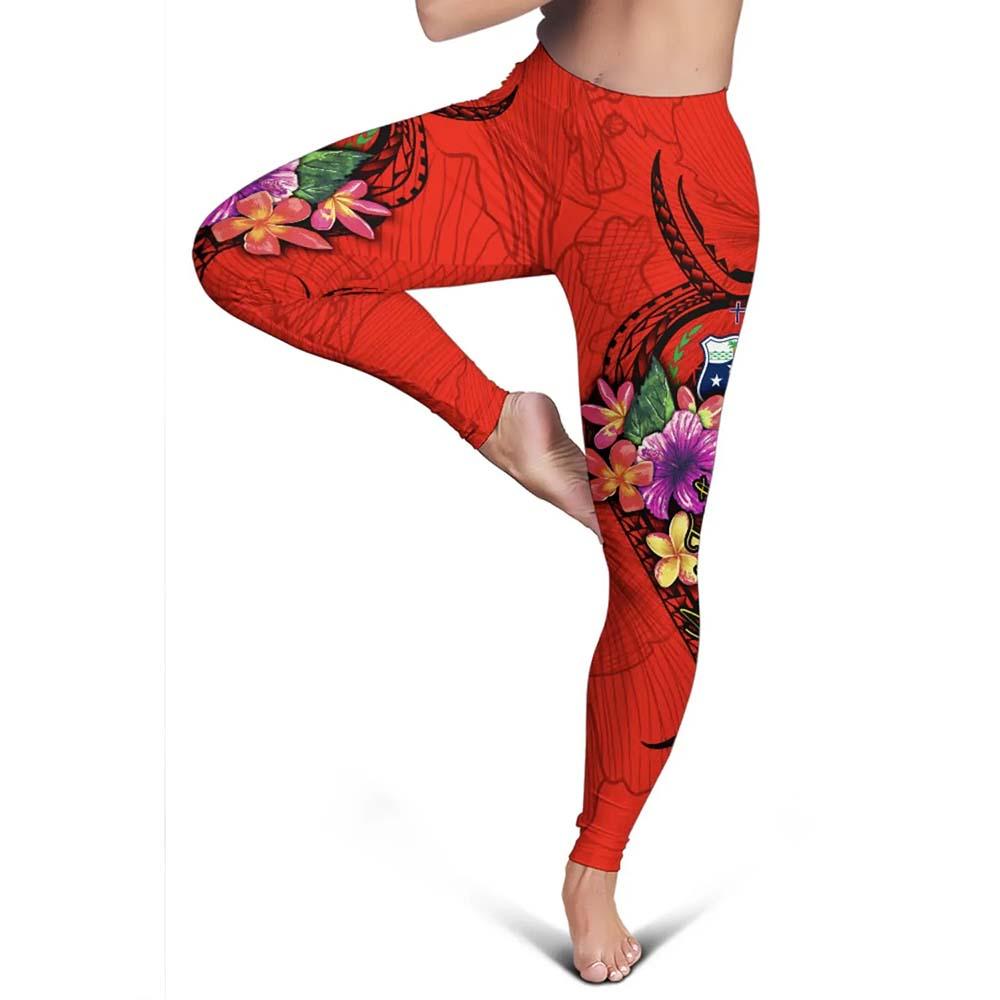 Samoa Polynesian Custom Personalised Legging - Floral With Seal Red