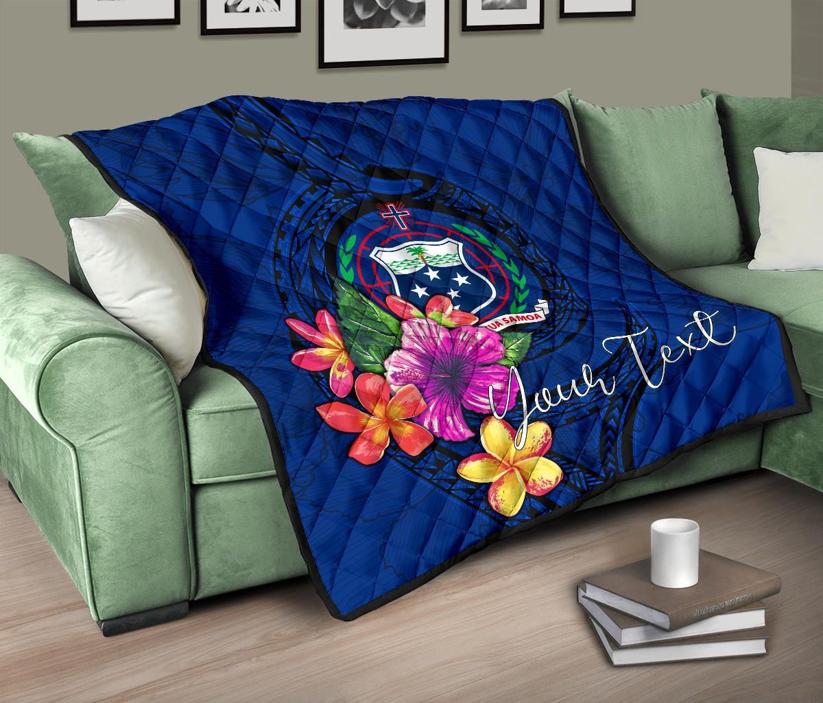 Samoa Polynesian Custom Personalised Premium Quilt - Floral With Seal Blue