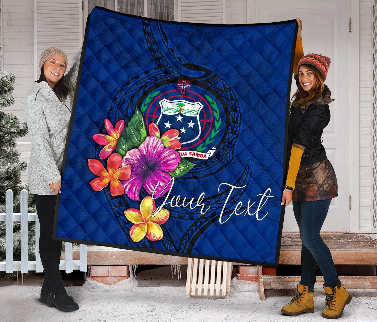Samoa Polynesian Custom Personalised Premium Quilt - Floral With Seal Blue