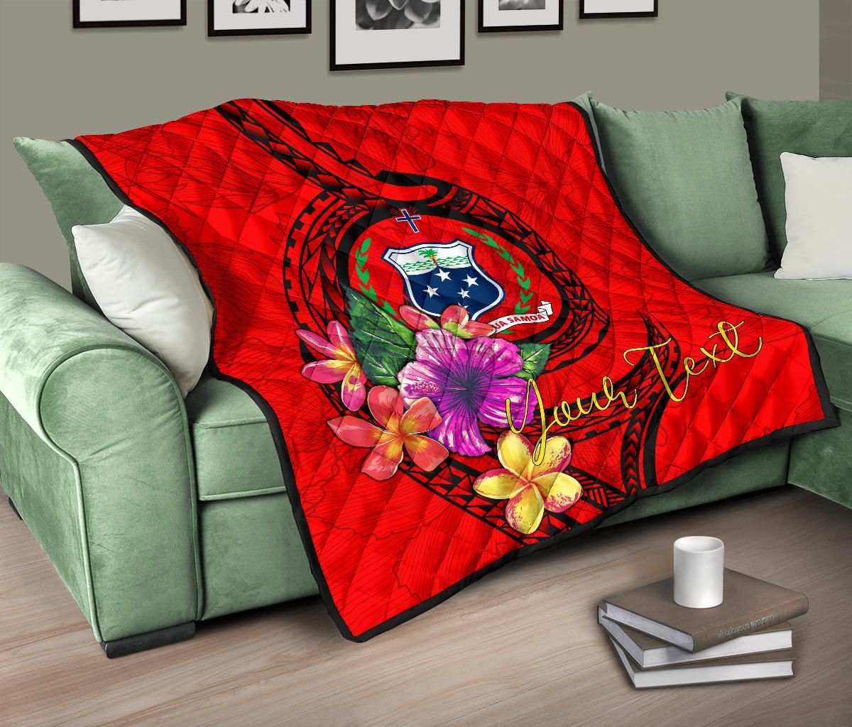 Samoa Polynesian Custom Personalised Premium Quilt - Floral With Seal Red