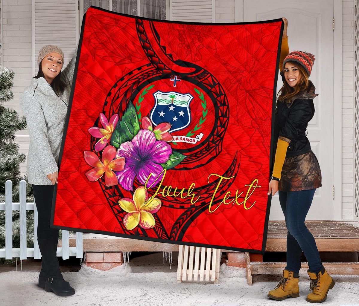 Samoa Polynesian Custom Personalised Premium Quilt - Floral With Seal Red