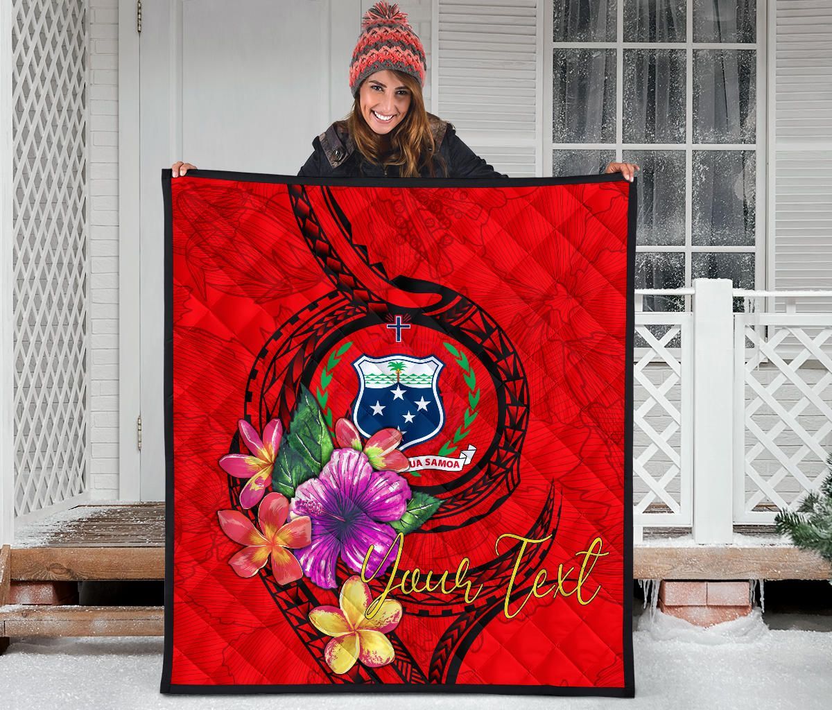 Samoa Polynesian Custom Personalised Premium Quilt - Floral With Seal Red