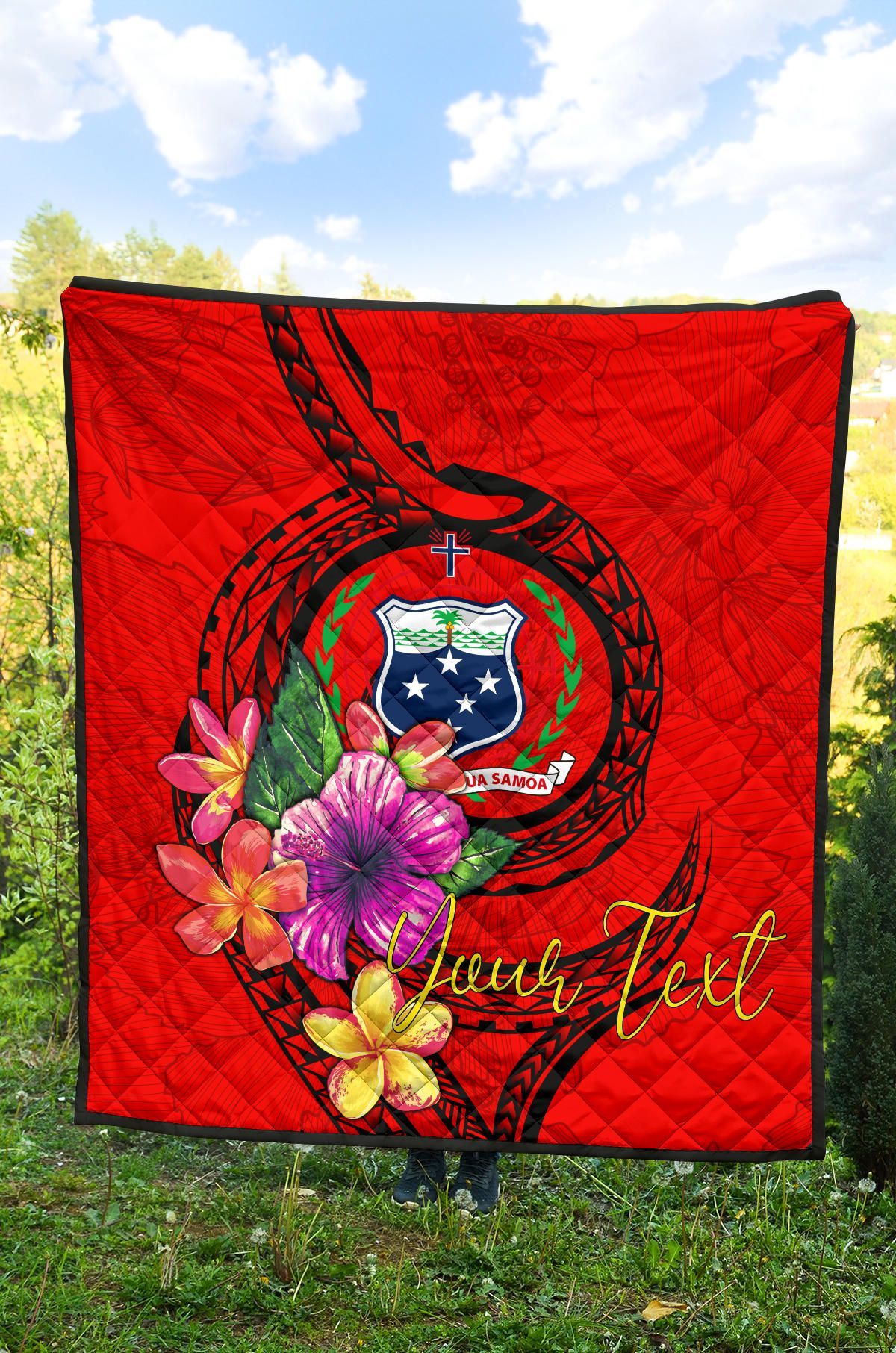 Samoa Polynesian Custom Personalised Premium Quilt - Floral With Seal Red