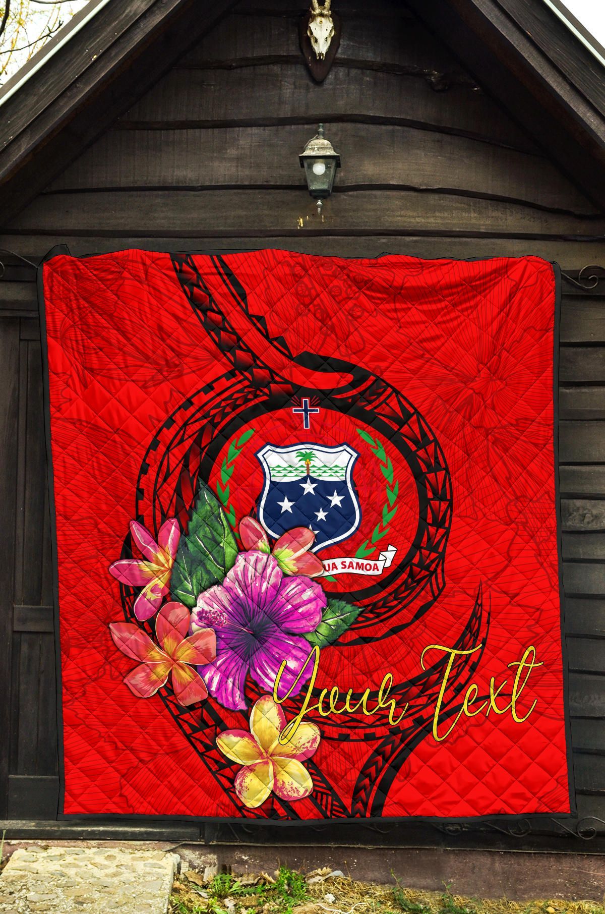 Samoa Polynesian Custom Personalised Premium Quilt - Floral With Seal Red