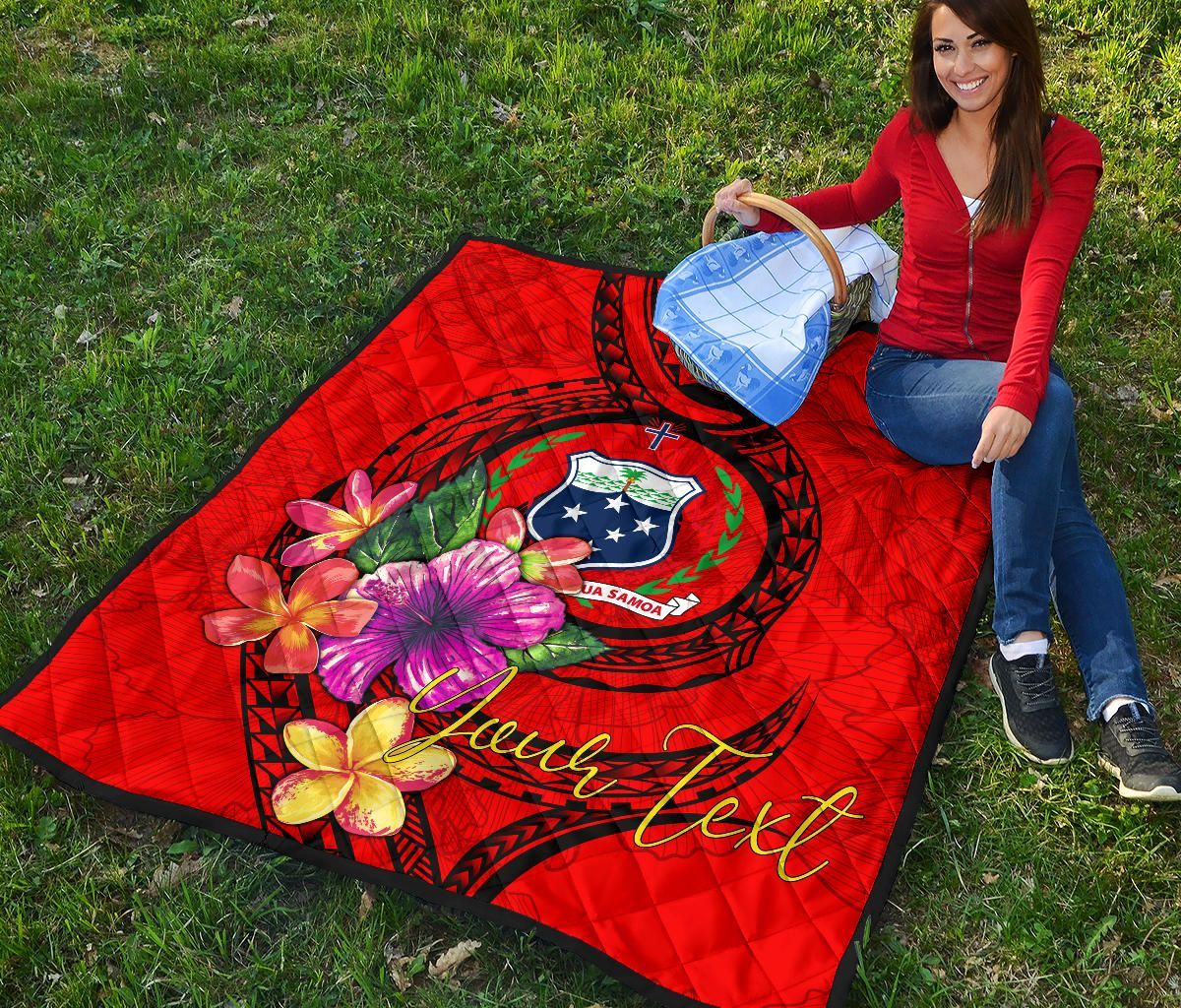 Samoa Polynesian Custom Personalised Premium Quilt - Floral With Seal Red