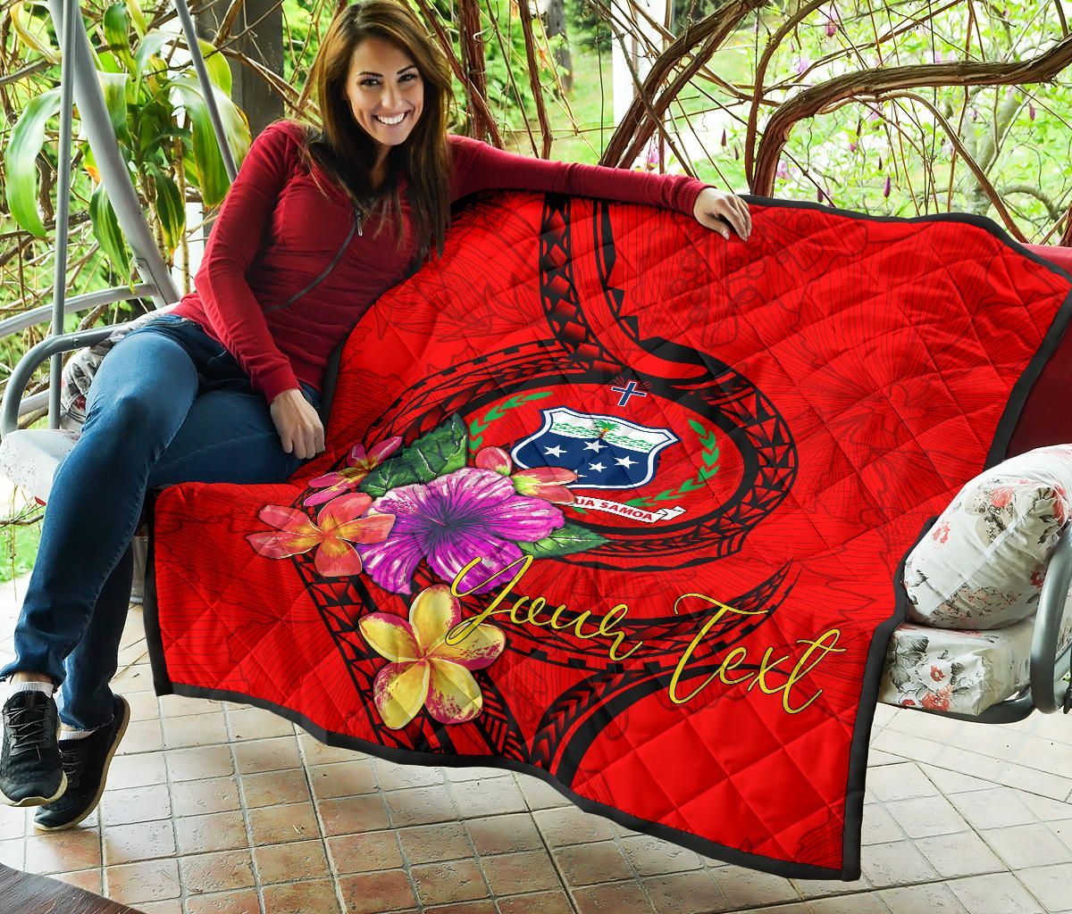 Samoa Polynesian Custom Personalised Premium Quilt - Floral With Seal Red